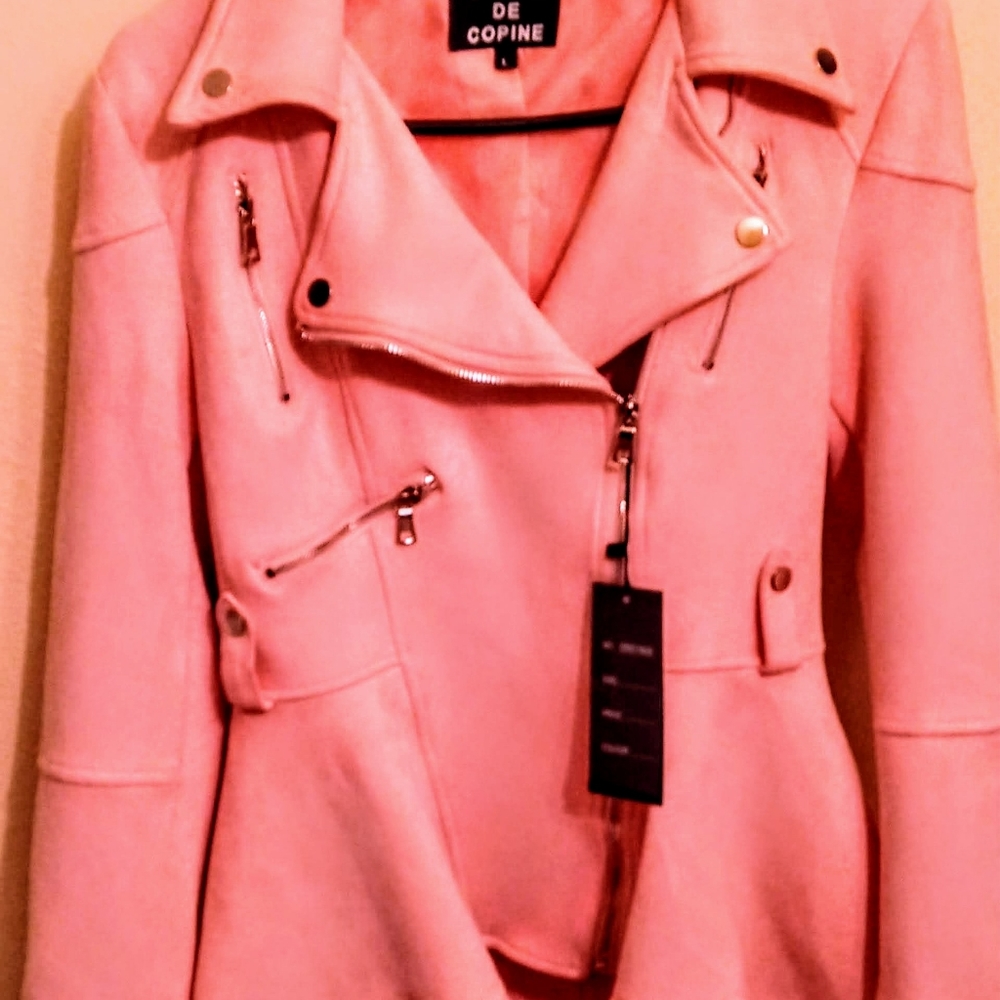 Light pink faux suede hi lo peplum moto jacket L